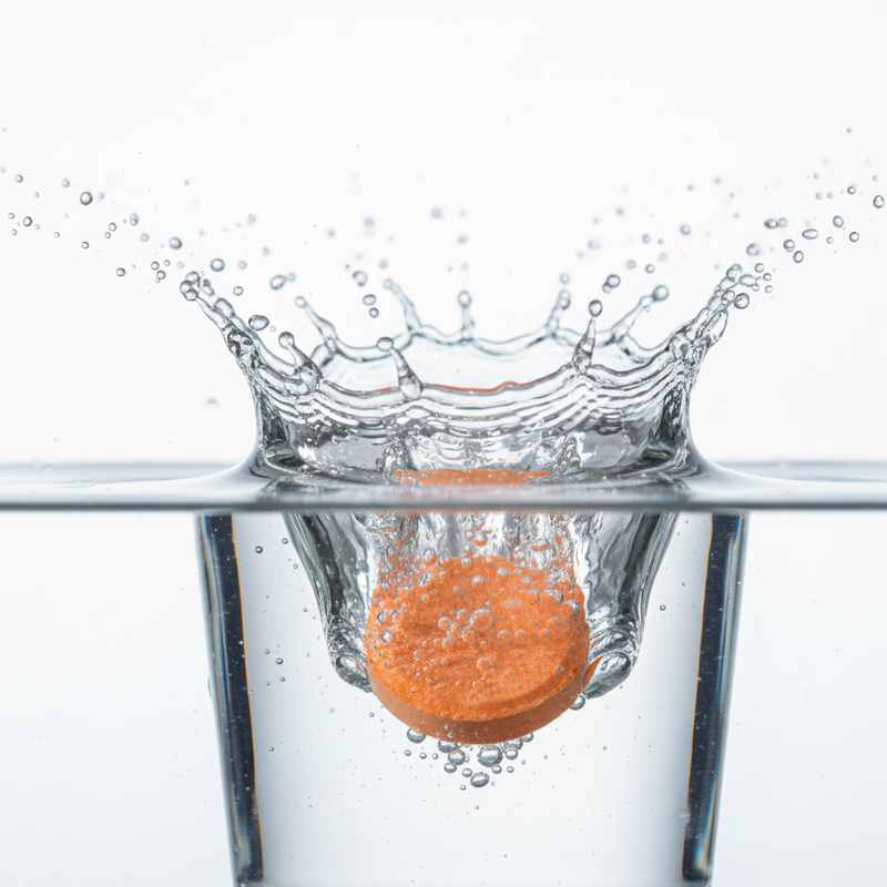 An orange round tablet dissolving in clear water inside a glass, with a dramatic splash of water and bubbles against a white background.