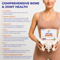 An infographic about bone and joint health featuring a woman holding a white bone model and a product box labeled Acteocal. The left side lists key nutrients like Tri-Calcium, Vitamin K2, Vitamin D3, Boron, Magnesium, Zinc, Vitamin C, and FOS in orange bullet points on a light teal background.