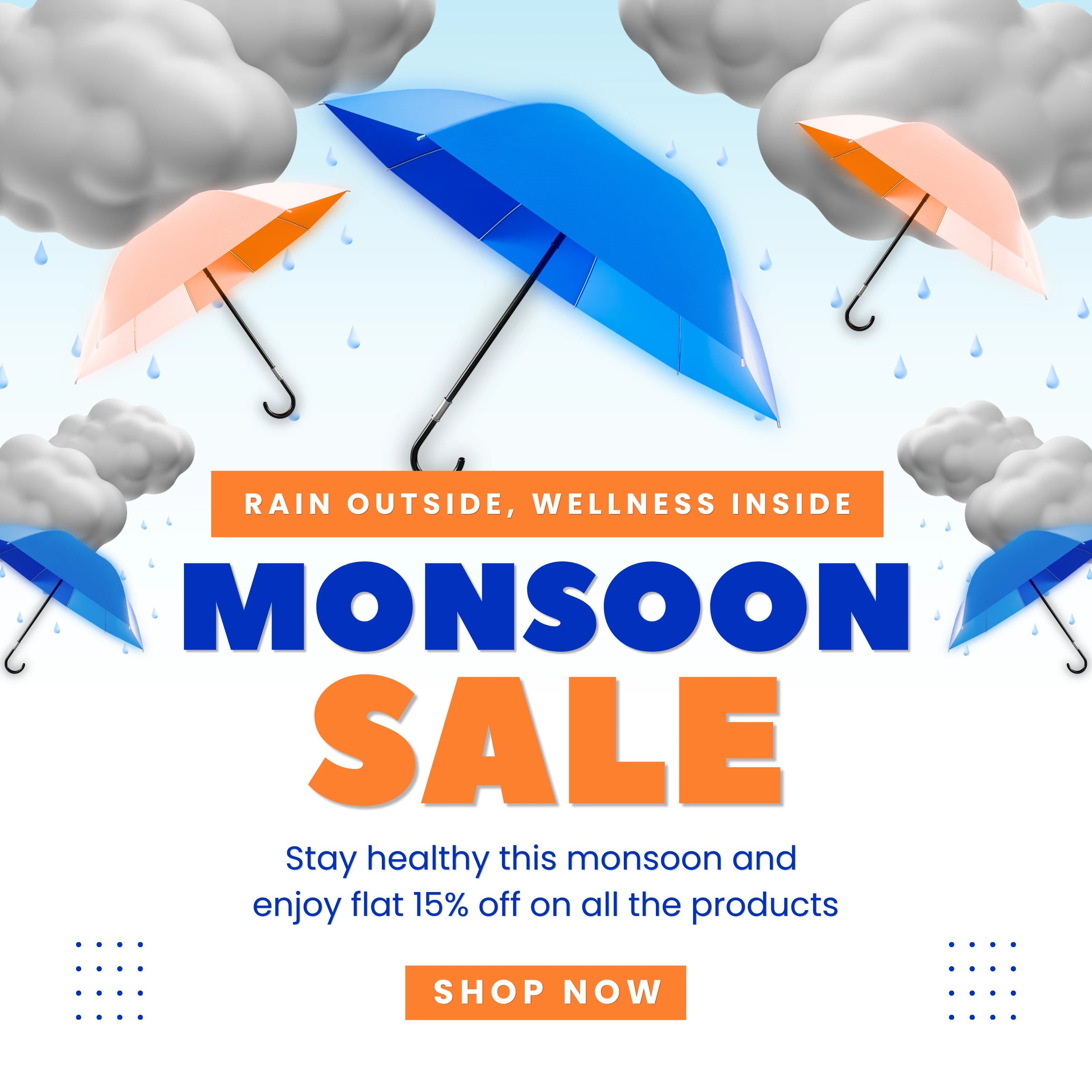 Promotional graphic for a monsoon sale with umbrellas and clouds.